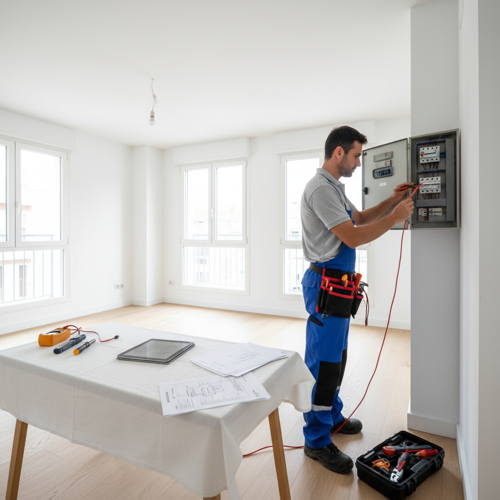 Técnico especialista revisando el Cuadro General de Mando y Protección tras una reforma eléctrica en Getafe