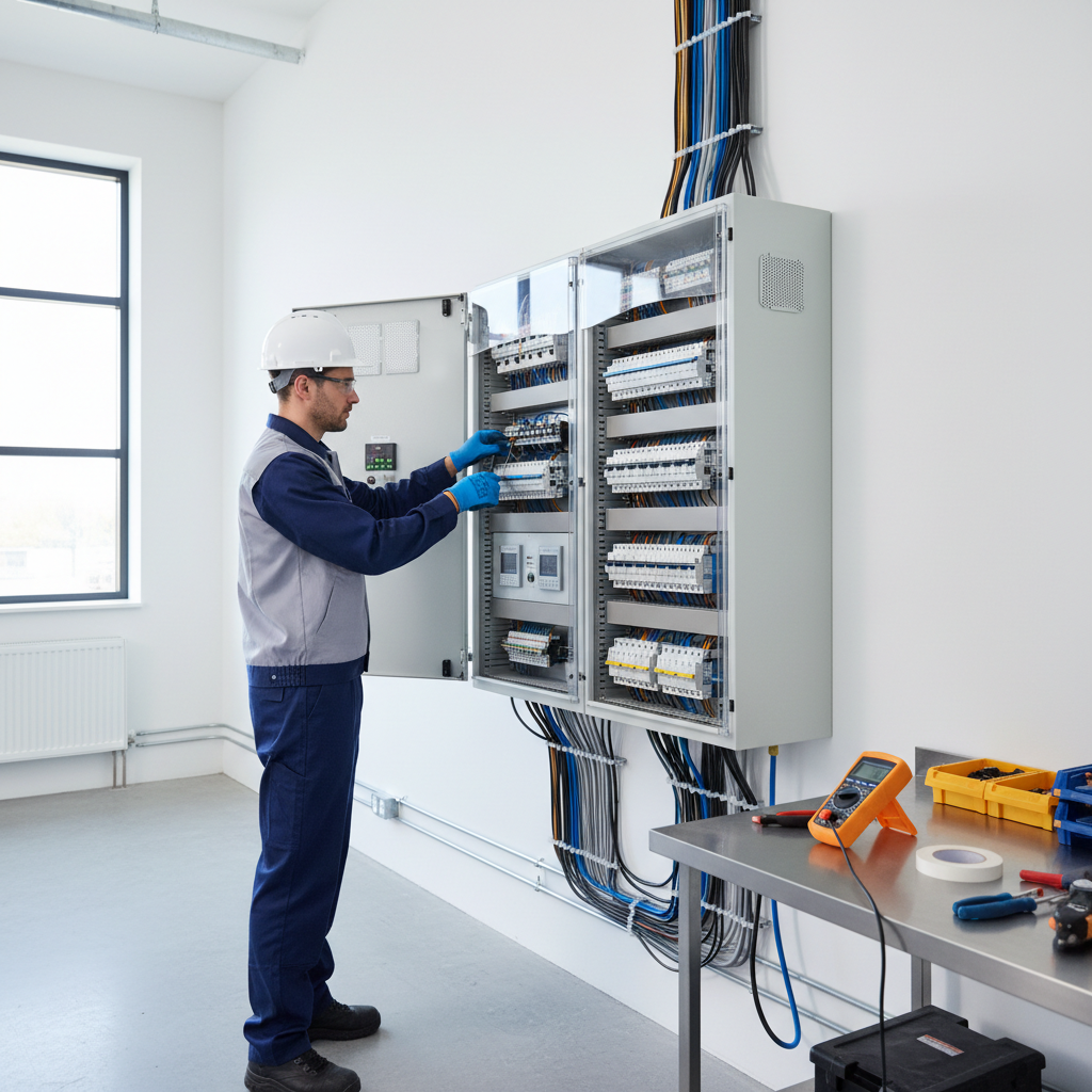 Técnico electricista analizando un cuadro eléctrico con equipamiento de medición en una vivienda de Getafe