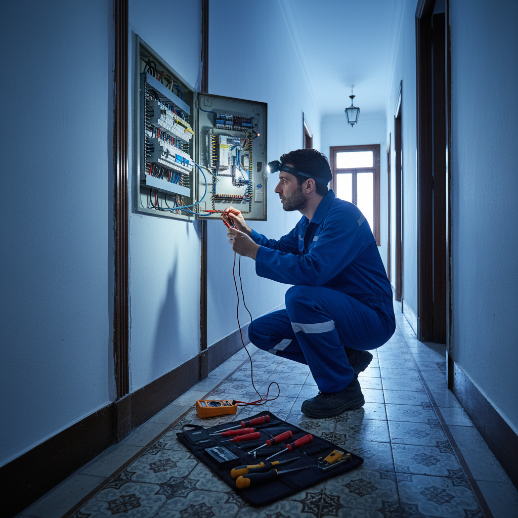 Electricista diagnosticando una avería eléctrica en el cuadro general de mando de una vivienda en Madrid Centro