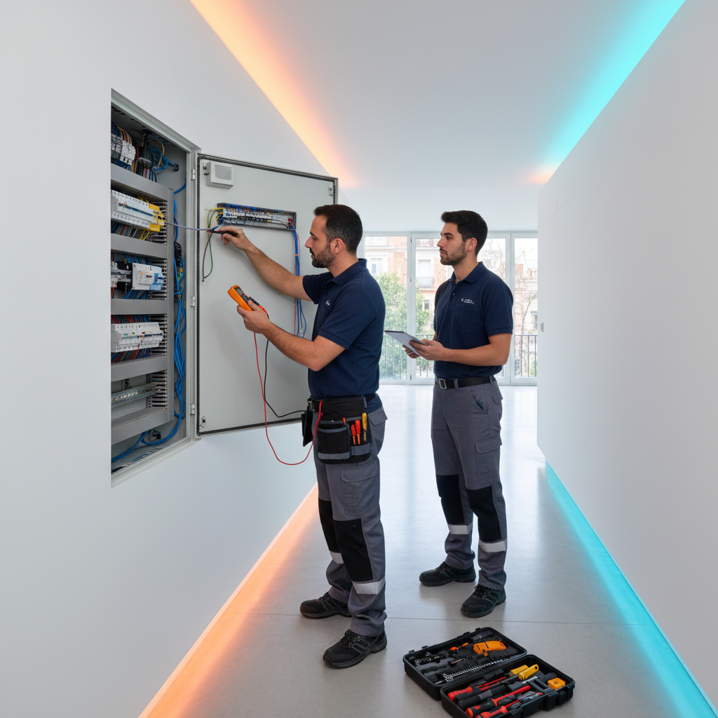 Electricista autorizado revisando un cuadro eléctrico para aumento de potencia en una vivienda de Retiro, Madrid