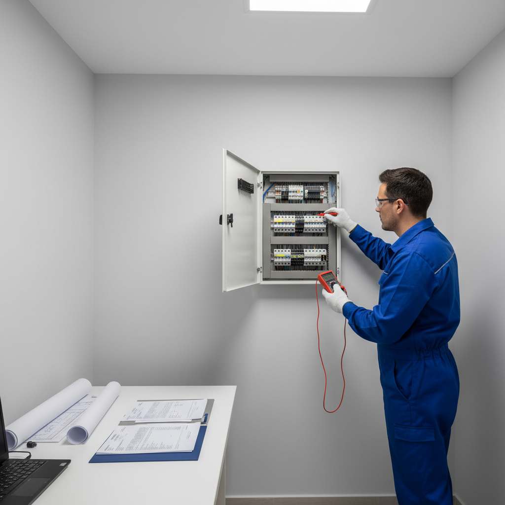 Técnico cualificado verificando el cuadro eléctrico para emitir el certificado eléctrico tras reforma en Alcorcón