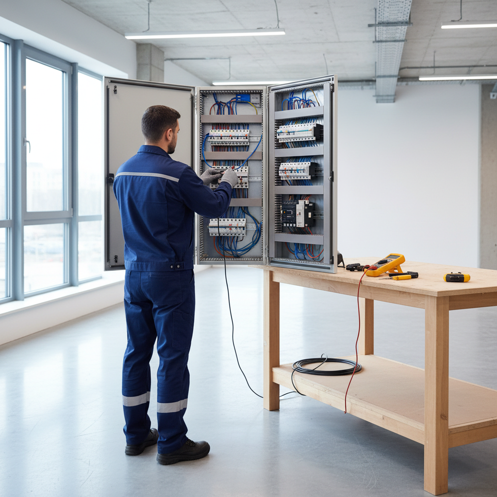 Electricista profesional revisando un cuadro eléctrico en una vivienda del barrio de Salamanca en Madrid