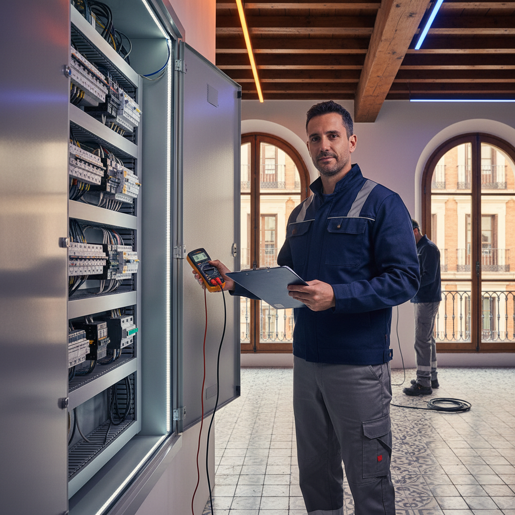 Electricista autorizado realizando mediciones técnicas para emitir un certificado de instalación eléctrica en un inmueble del barrio de Universidad en Madrid