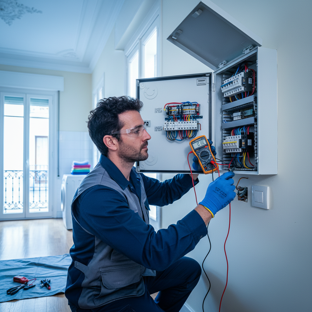Electricista realizando pruebas de voltaje en un punto de luz de un piso en Chamberí