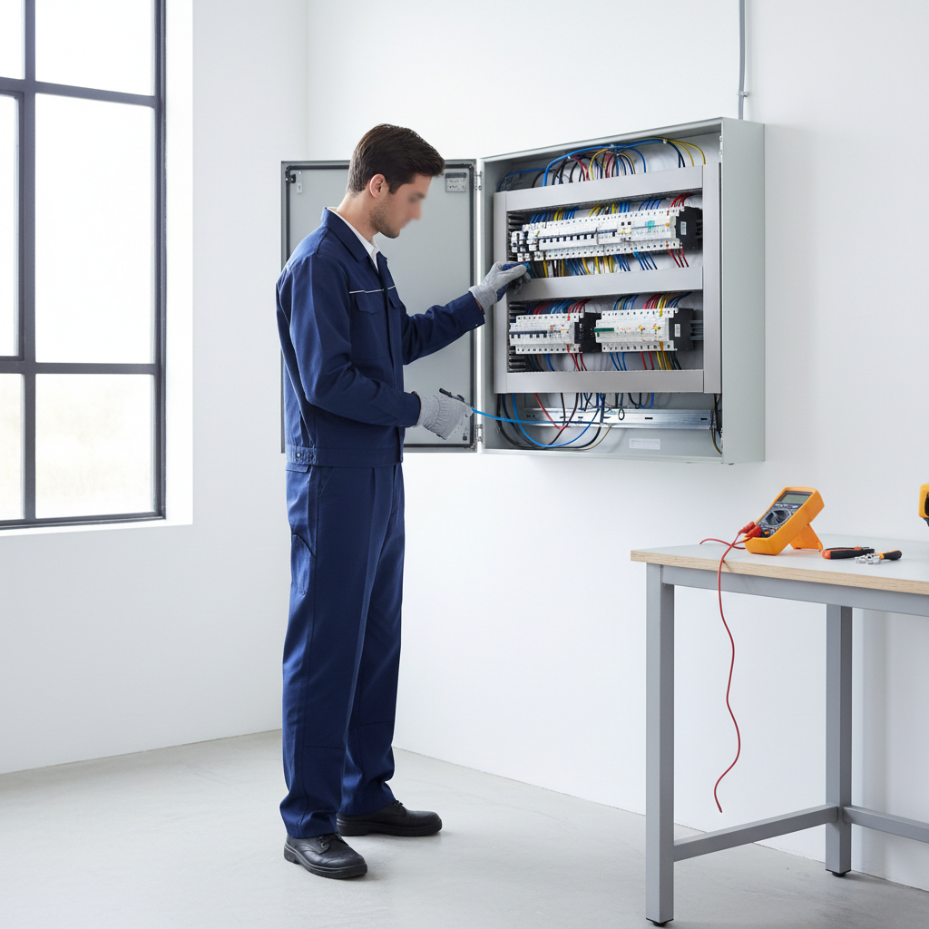 Electricista de Telelectric verificando la instalación de un protector de sobretensiones en un cuadro eléctrico en Madrid Centro