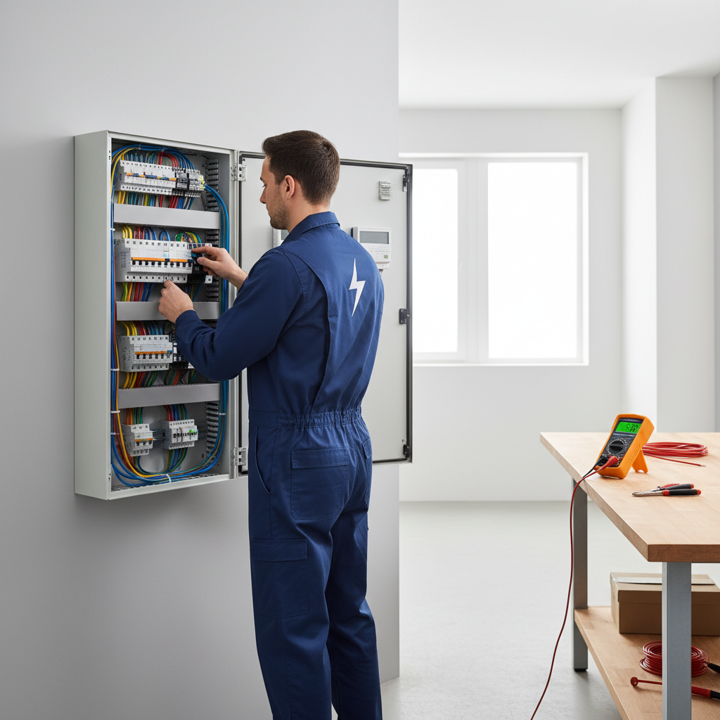 Técnico electricista revisando un cuadro eléctrico residencial en Madrid