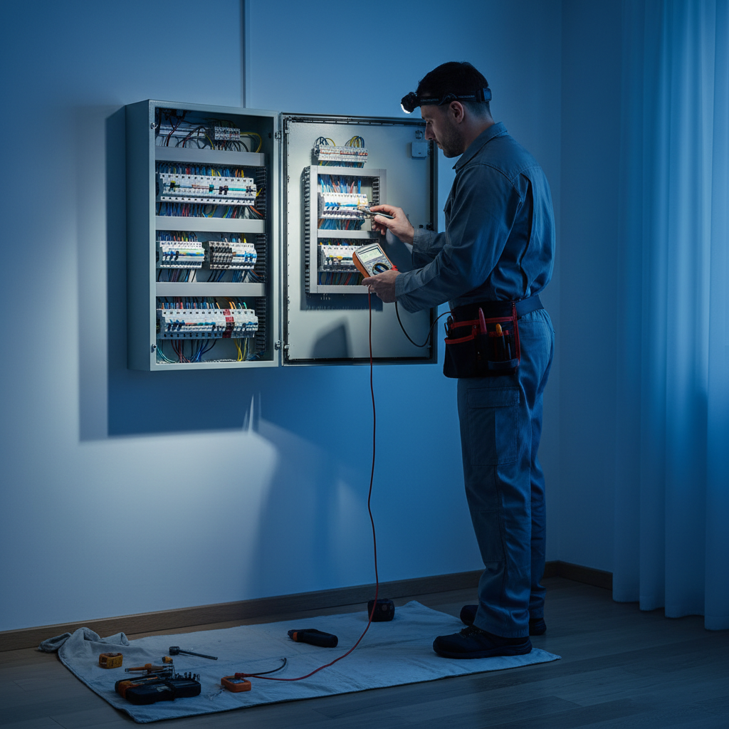 Técnico midiendo tensión en un cuadro eléctrico residencial en el barrio de Salamanca