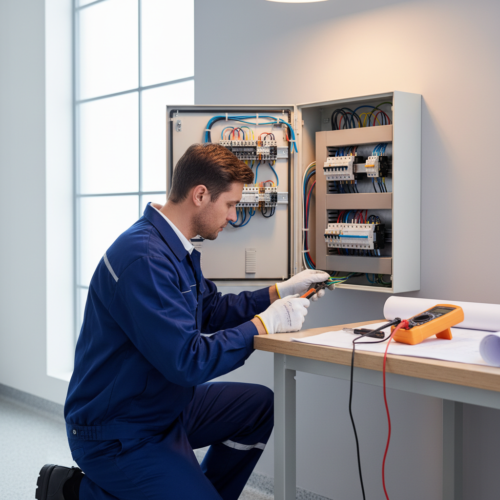 Técnico electricista revisando con herramienta de medición un cuadro eléctrico en una vivienda del barrio de Salamanca