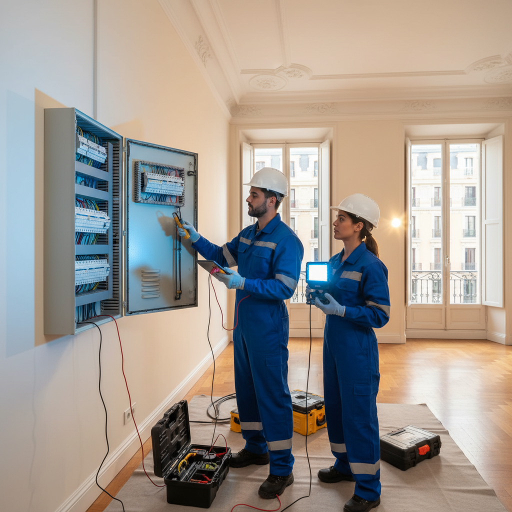 Electricista autorizado verificando el cuadro de mando y protección en un piso señorial de Chamberí, Madrid.