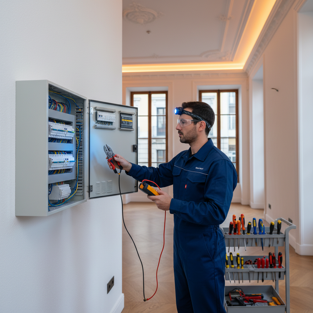 Electricista autorizado de Telelectric realizando una reparación urgente en un cuadro eléctrico en el barrio de Palacio, Madrid.