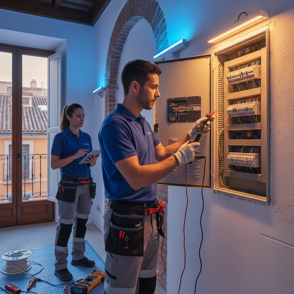 Electricista autorizado comprobando el cuadro eléctrico en un piso de Madrid