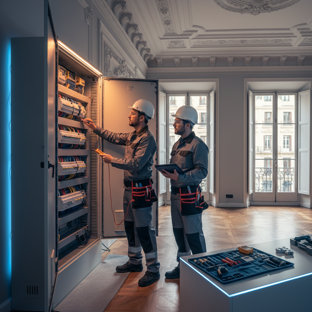 Electricista autorizado realizando una reparación técnica de urgencia en un cuadro eléctrico en Almagro, Madrid.