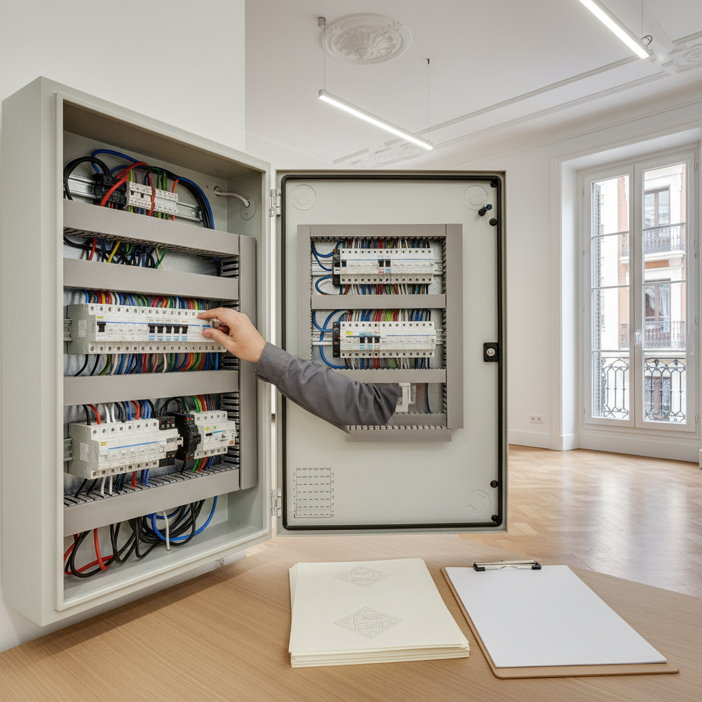 Técnico especialista revisando el cuadro eléctrico en una vivienda reformada de Madrid Centro