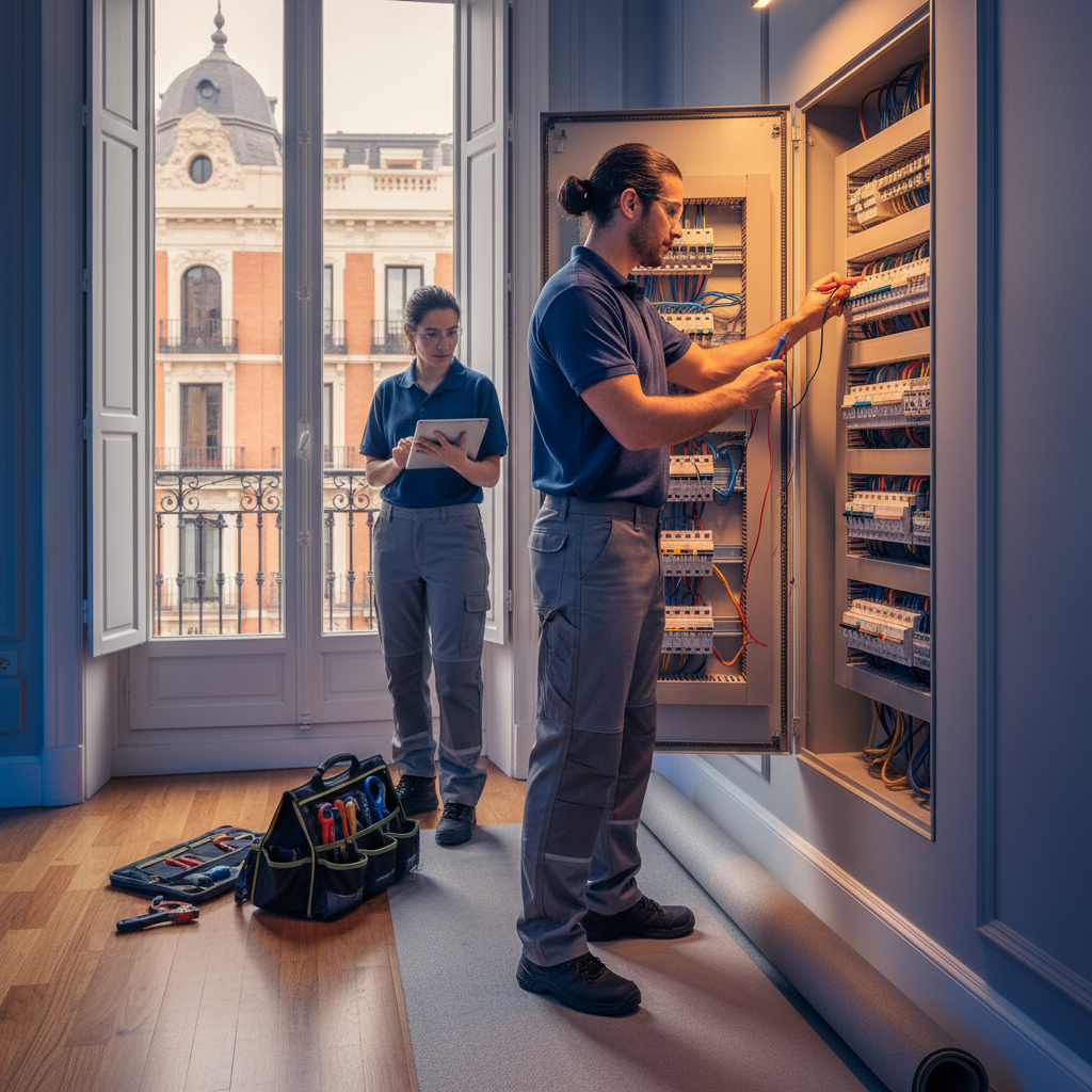 Electricista autorizado inspeccionando un cuadro eléctrico con diferencial en un piso del distrito de Chamberí en Madrid