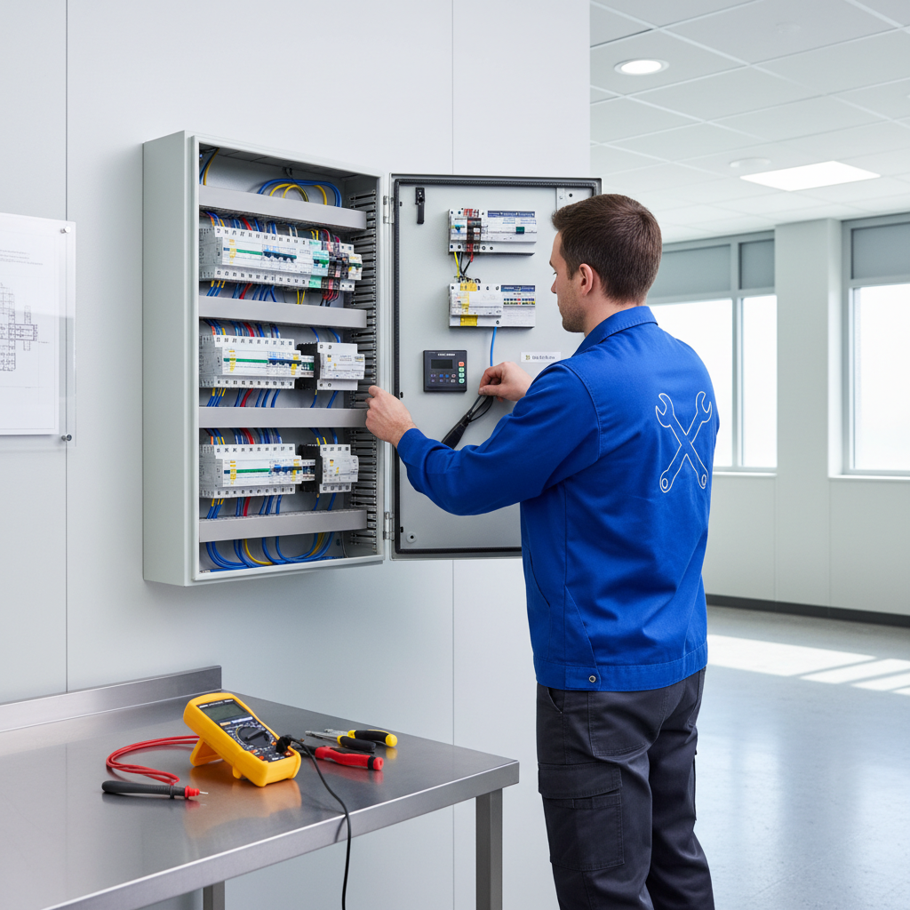 Electricista autorizado verificando una fuga eléctrica con pinza amperimétrica en un cuadro de protecciones en Madrid