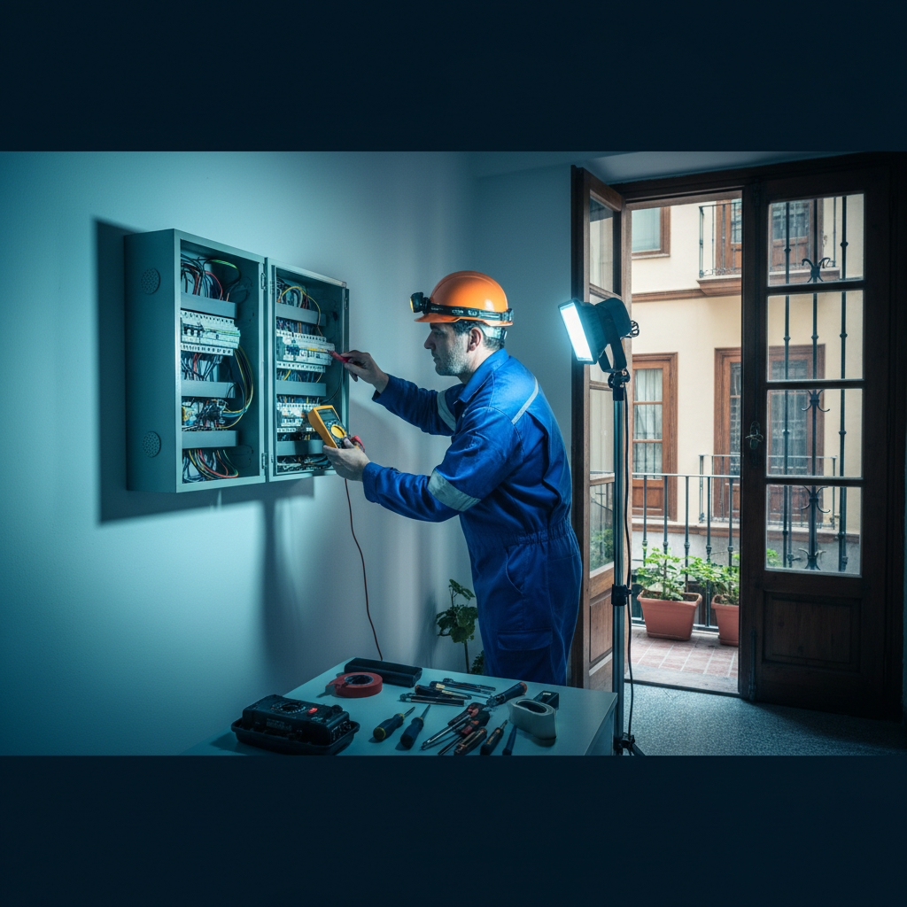 Electricista urgente revisando cuadro eléctrico en una vivienda del barrio de Salamanca Madrid