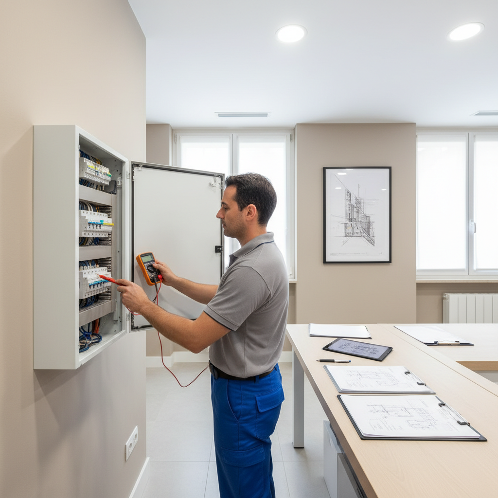 Técnico revisando un cuadro eléctrico para emisión de certificado eléctrico de alta de luz en Fuenlabrada