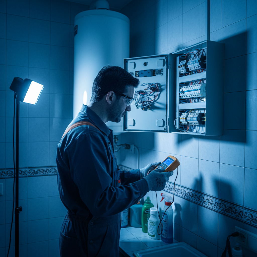 Electricista diagnosticando avería por disparo de diferencial en un termo eléctrico en Latina, Madrid
