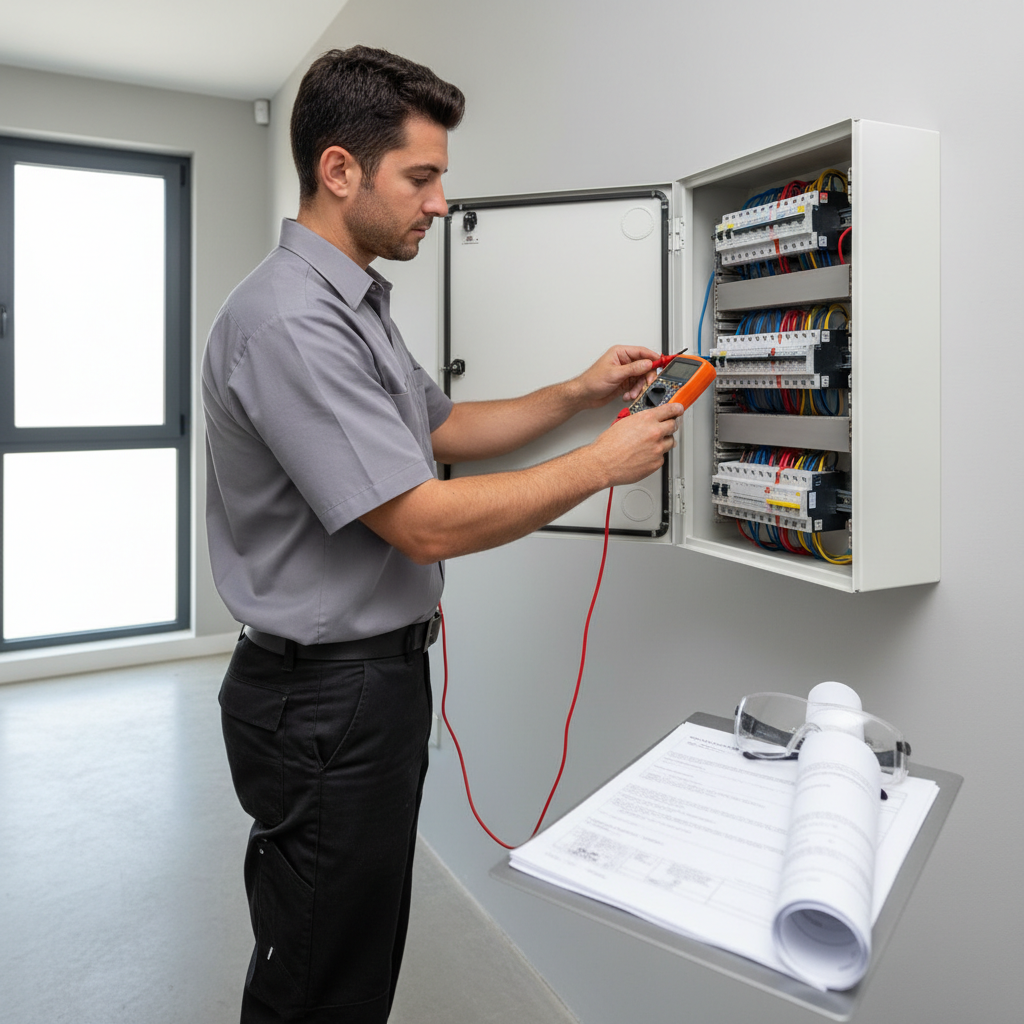Técnico especialista realizando la verificación del cuadro eléctrico para emitir el certificado eléctrico de alta de luz en Parla
