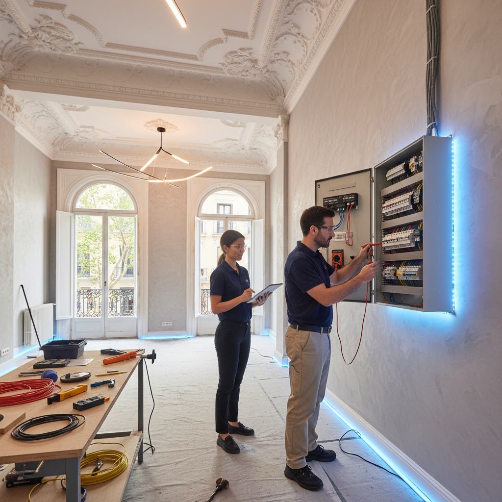 Electricista autorizado realizando la revisión de un cuadro eléctrico para emitir el boletín eléctrico en un piso del barrio de Justicia en Madrid