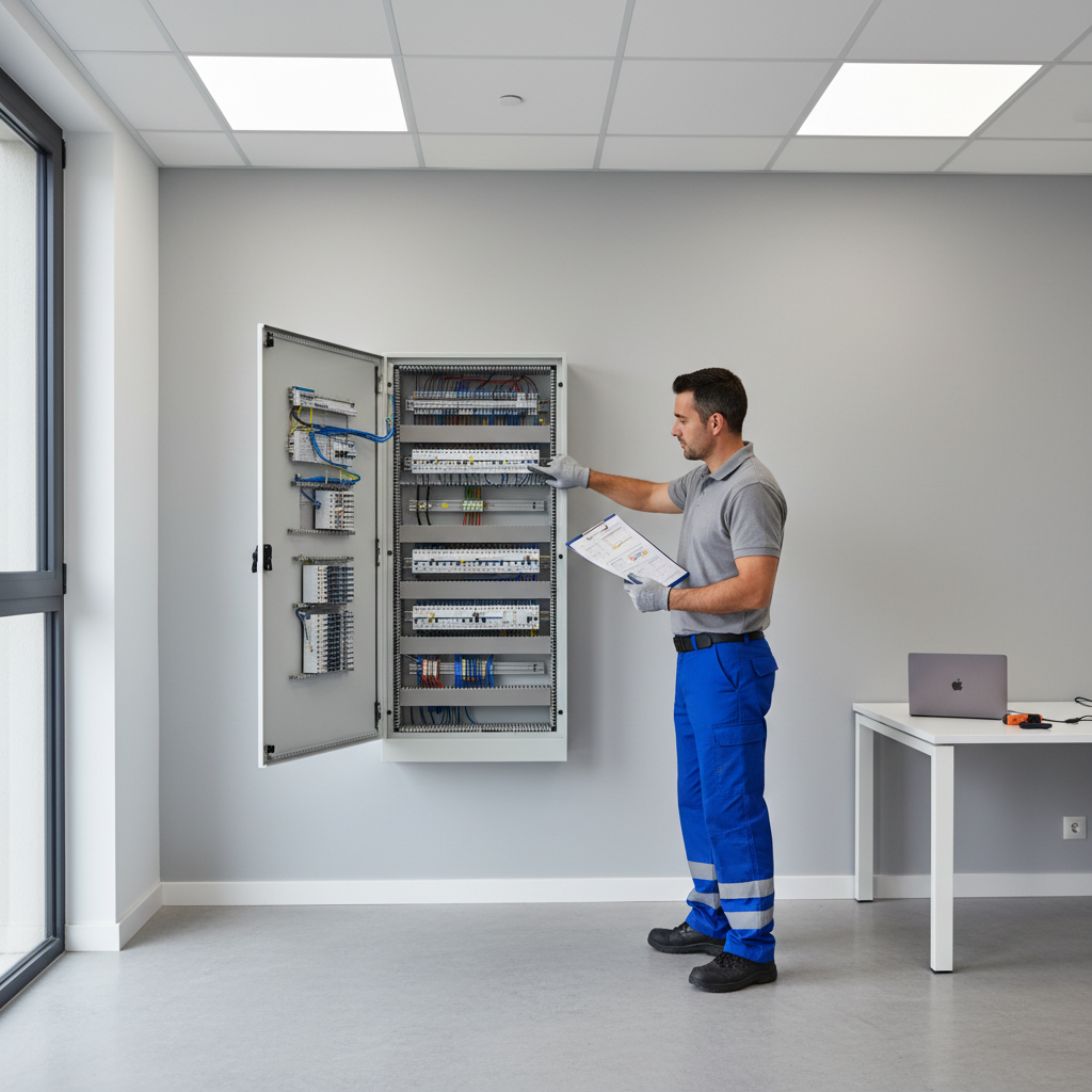 Técnico especialista revisando cuadro eléctrico para certificado de instalación eléctrica en Alcobendas