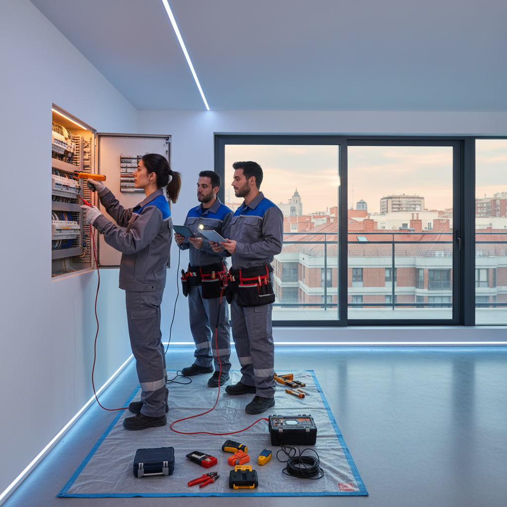 Electricista autorizado inspeccionando un cuadro eléctrico moderno en una finca residencial de Madrid