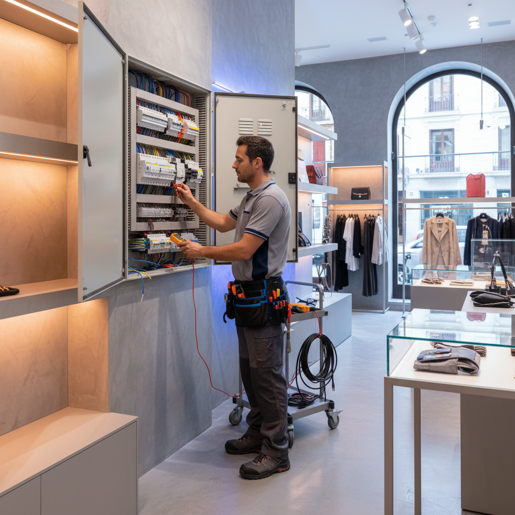 Electricista autorizado revisando un cuadro eléctrico en un local comercial del barrio de Cortes en Madrid