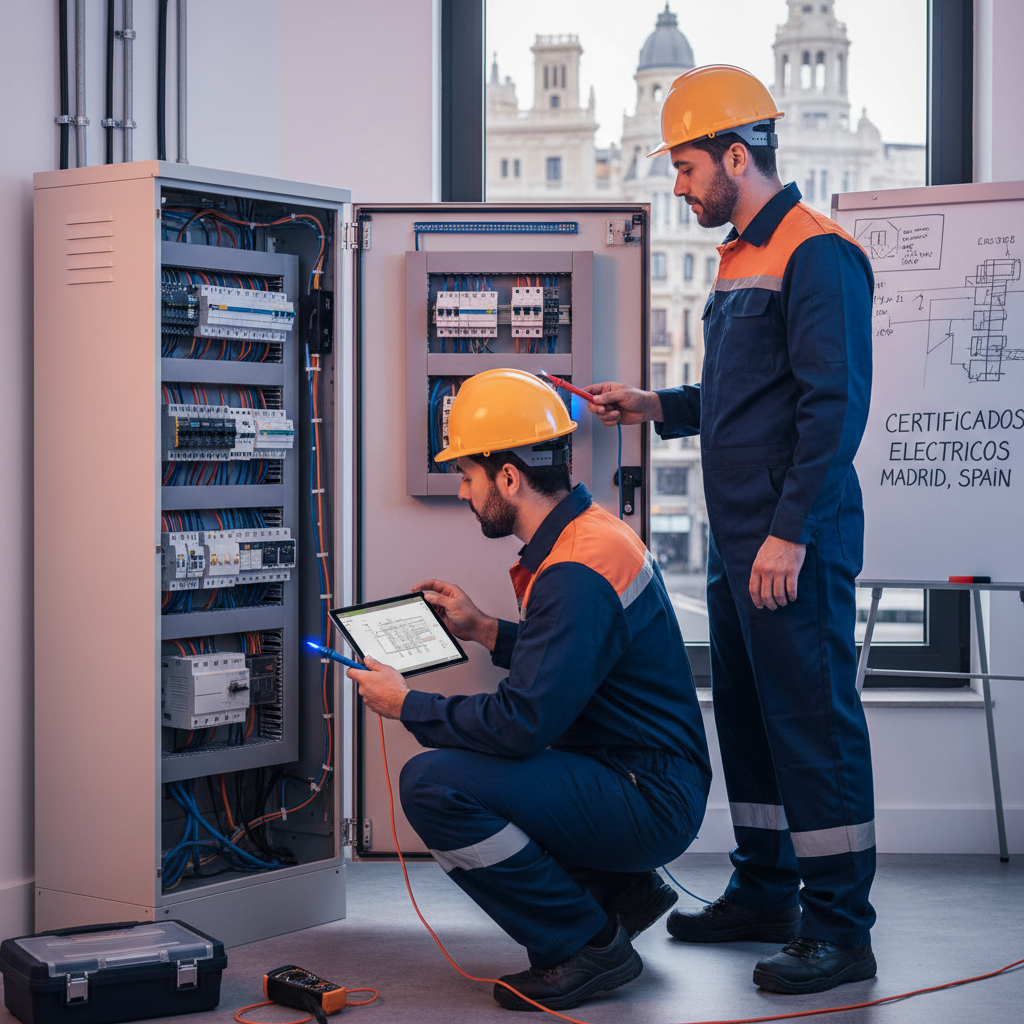 Electricista autorizado verificando el cuadro eléctrico para expedir un certificado eléctrico en Madrid