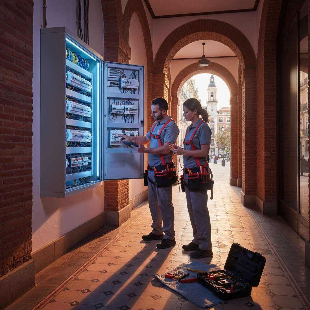 Electricista profesional inspeccionando un cuadro eléctrico comunitario en una finca del barrio de Universidad en Madrid