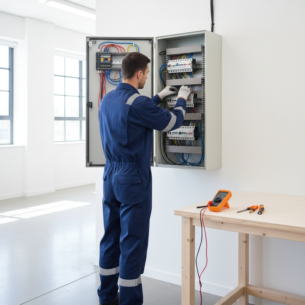 Electricista realizando pruebas de tensión en una línea de enchufes averiada en Madrid
