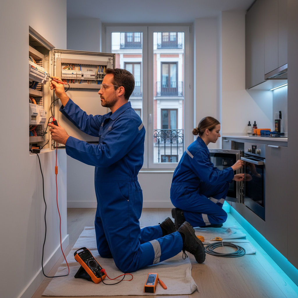 Electricista de Telelectric revisando la línea eléctrica dedicada de la cocina en un piso del distrito de Retiro en Madrid