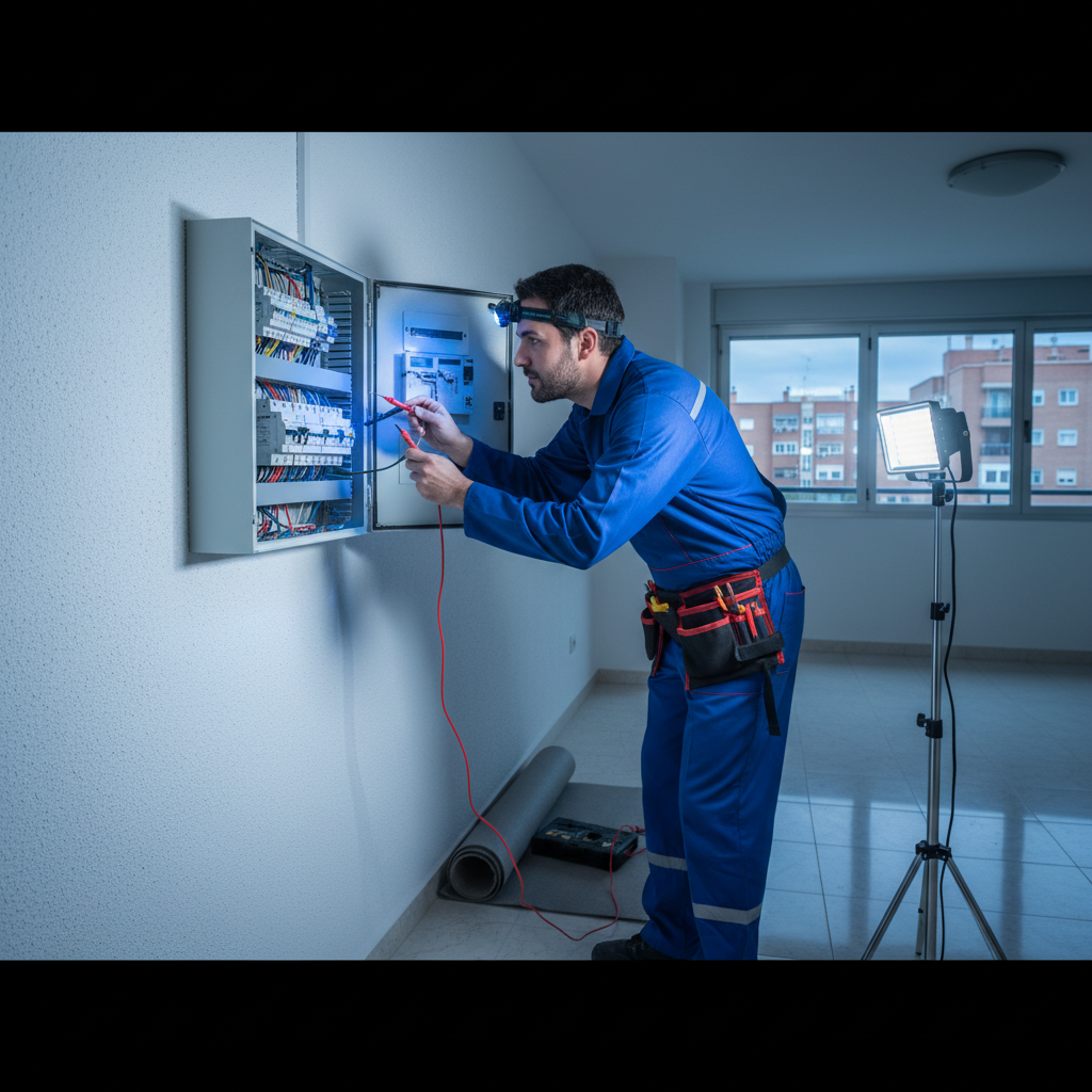 Técnico electricista revisando un cuadro de protección eléctrica en una vivienda de Getafe