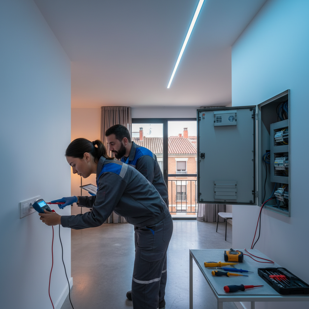 Electricista profesional revisando una toma de corriente con instrumental de medición en una vivienda del distrito de Arganzuela
