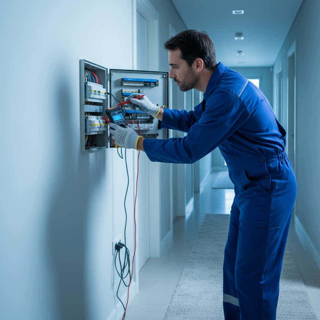 Técnico electricista revisando un cuadro de mando y protección en una vivienda de Móstoles
