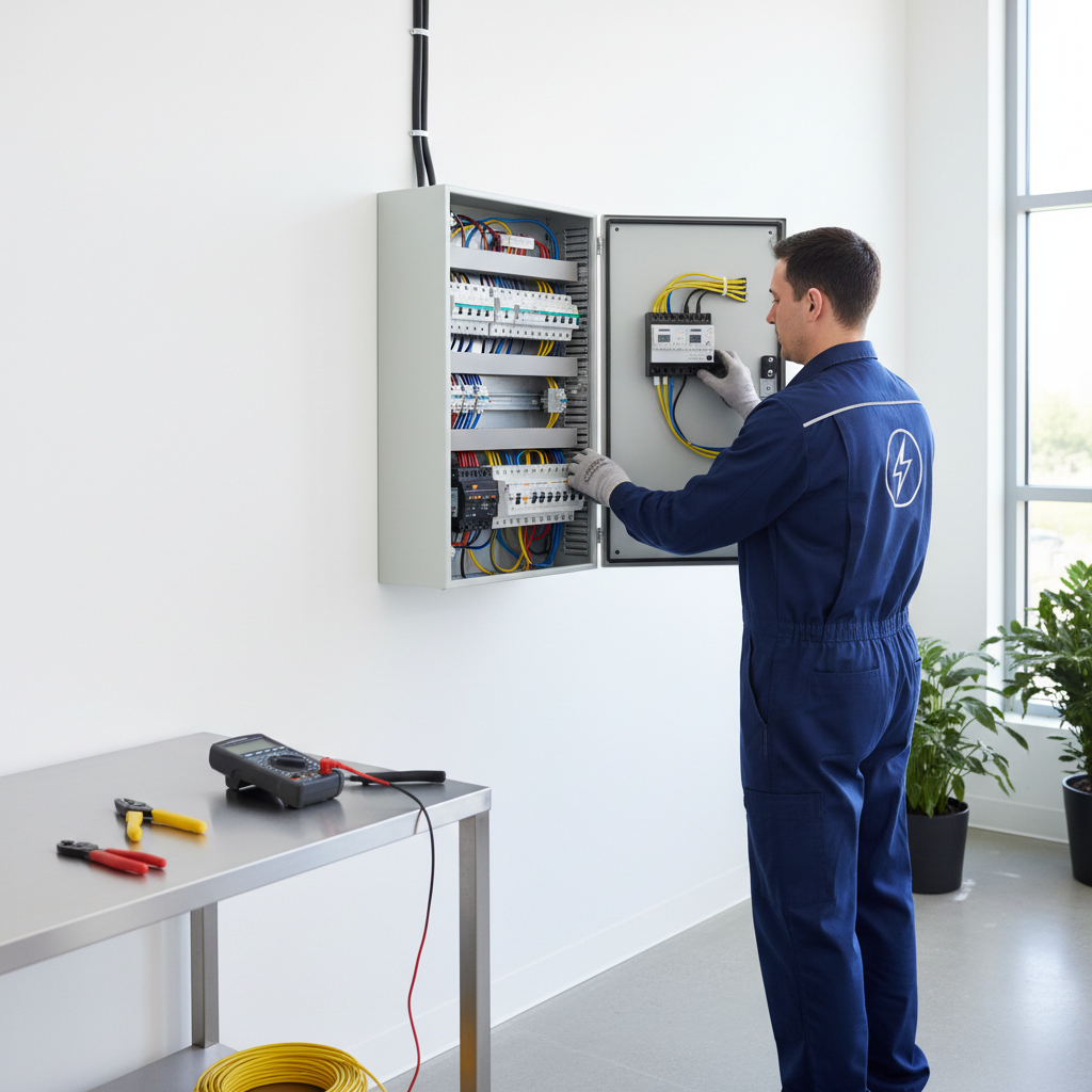 Técnico especialista revisando el cuadro eléctrico en un inmueble de Madrid para emitir el boletín eléctrico oficial