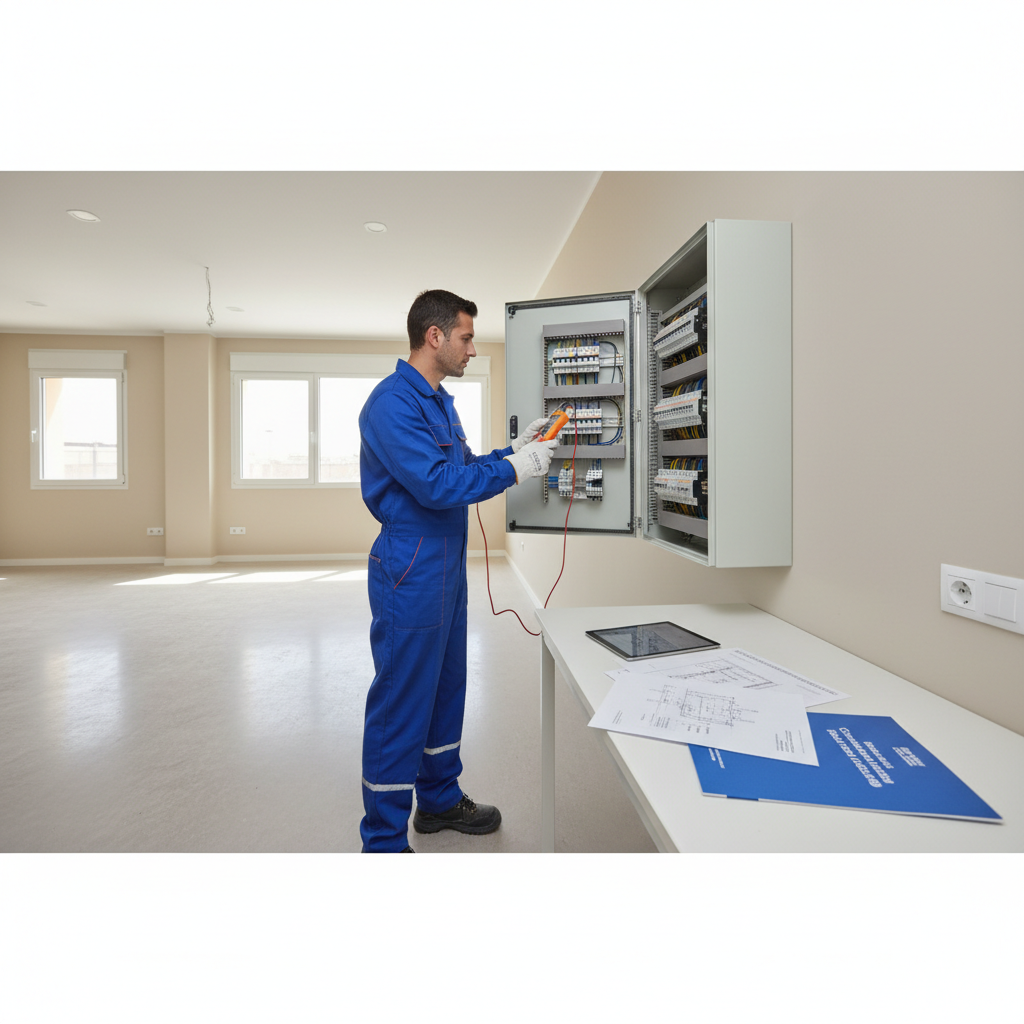 Técnico especialista realizando la inspección de un cuadro eléctrico para tramitar el certificado de instalación eléctrica en Leganés.