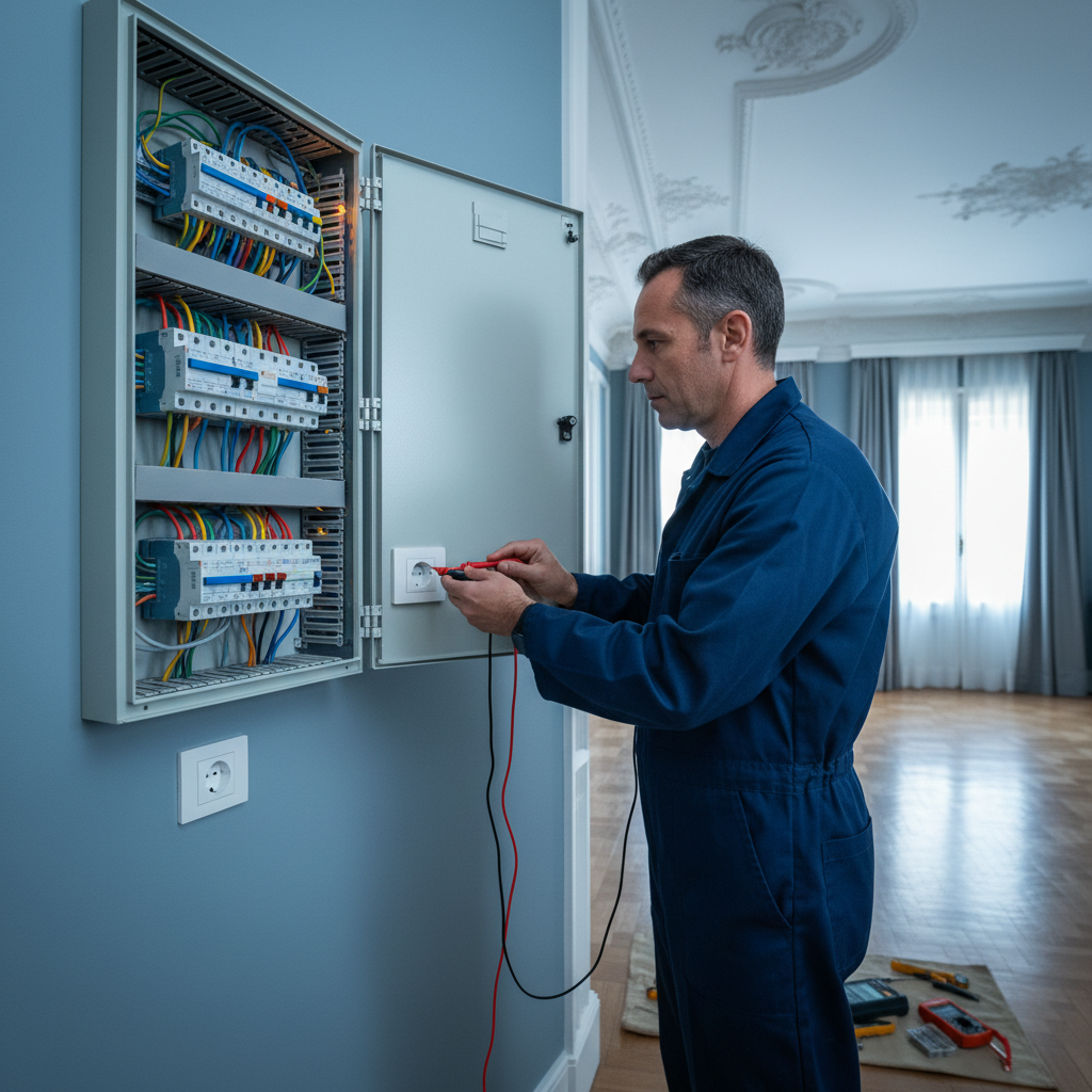 Técnico electricista revisando un mecanismo de enchufe de pared con multímetro en una vivienda del barrio de Salamanca en Madrid