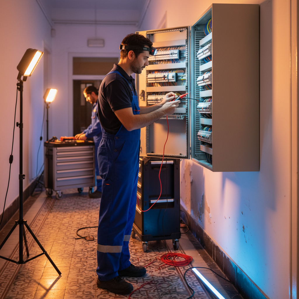 Electricista autorizado verificando el temporizador de escalera en un cuadro comunitario en Lavapiés, Madrid