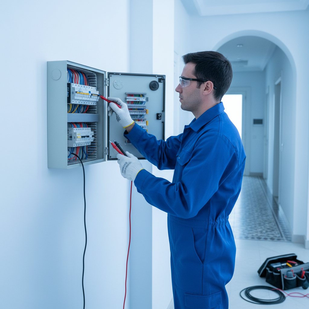 Técnico electricista revisando las conexiones y térmicos de un cuadro eléctrico en un piso del Barrio Salamanca en Madrid.
