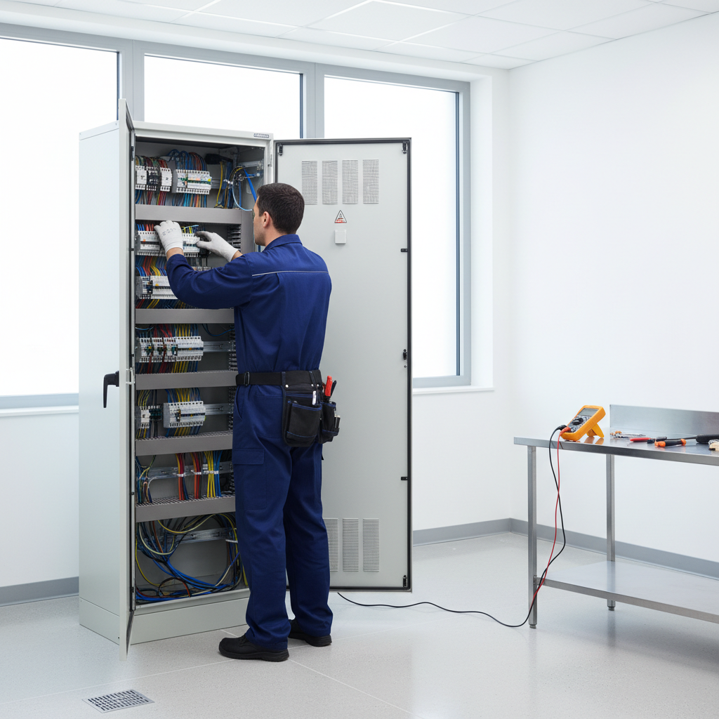 Electricista autorizado comprobando un cuadro eléctrico en una vivienda del barrio de Sol en Madrid