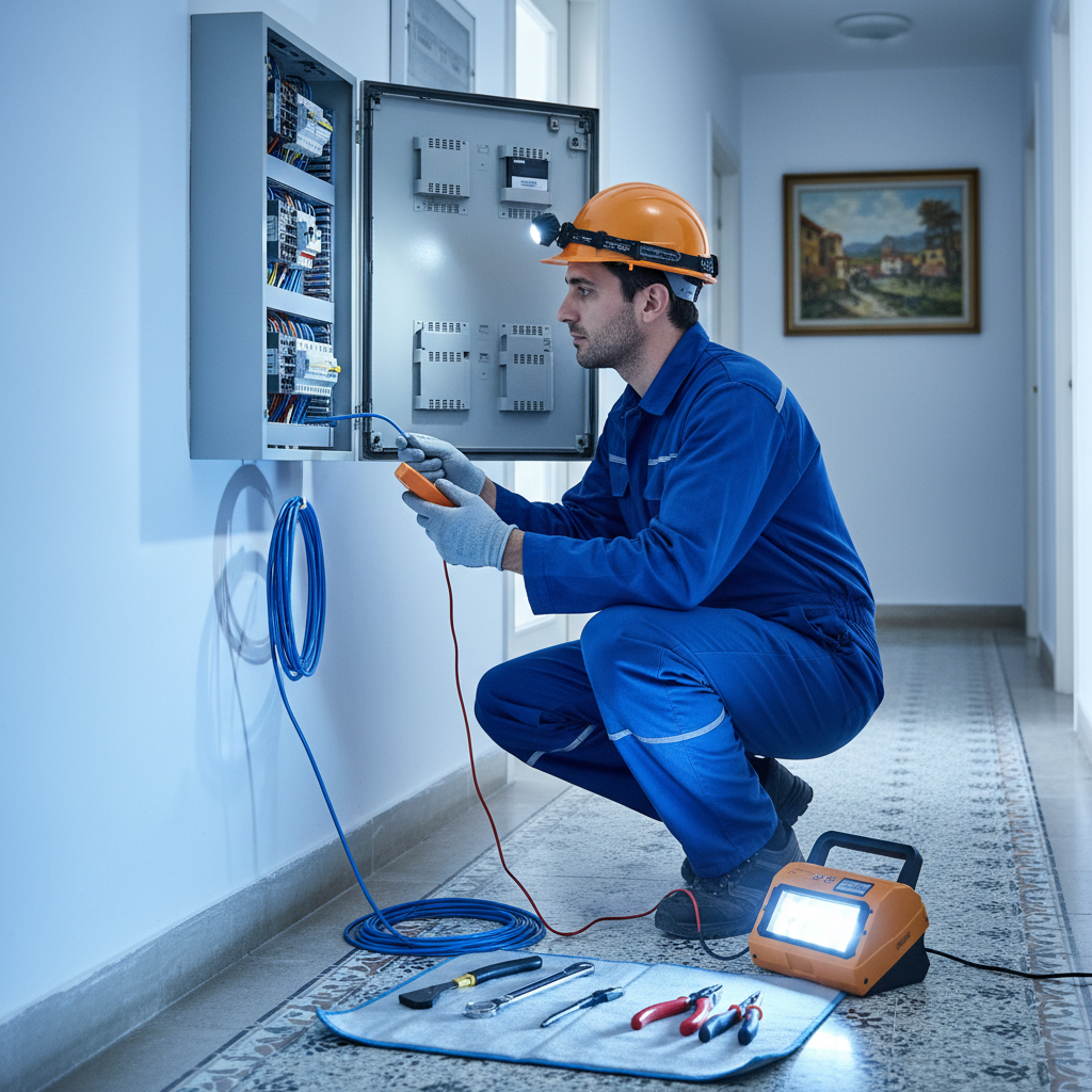Técnico electricista realizando el diagnóstico de un cuadro eléctrico residencial en el distrito de Ciudad Lineal.