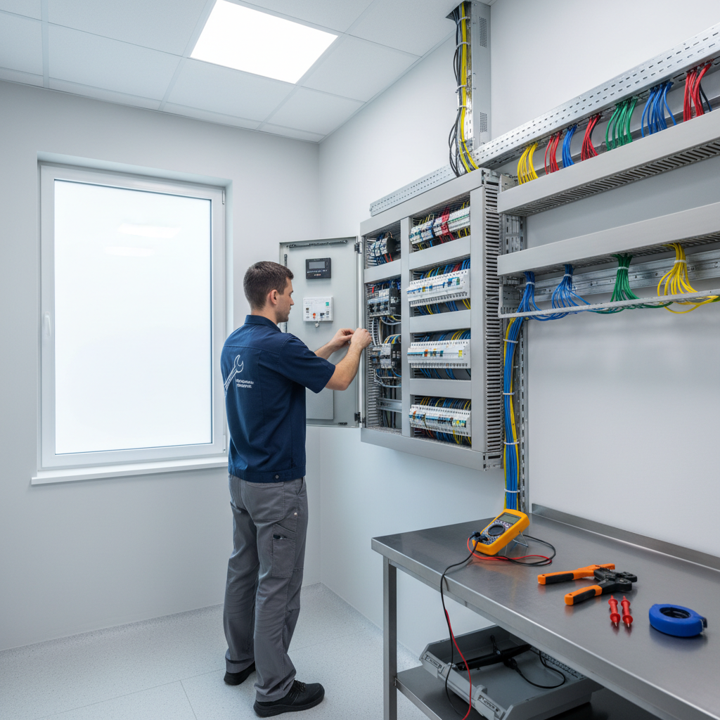 Técnico especialista revisando el cuadro de distribución para certificado eléctrico local comercial en Alcalá de Henares