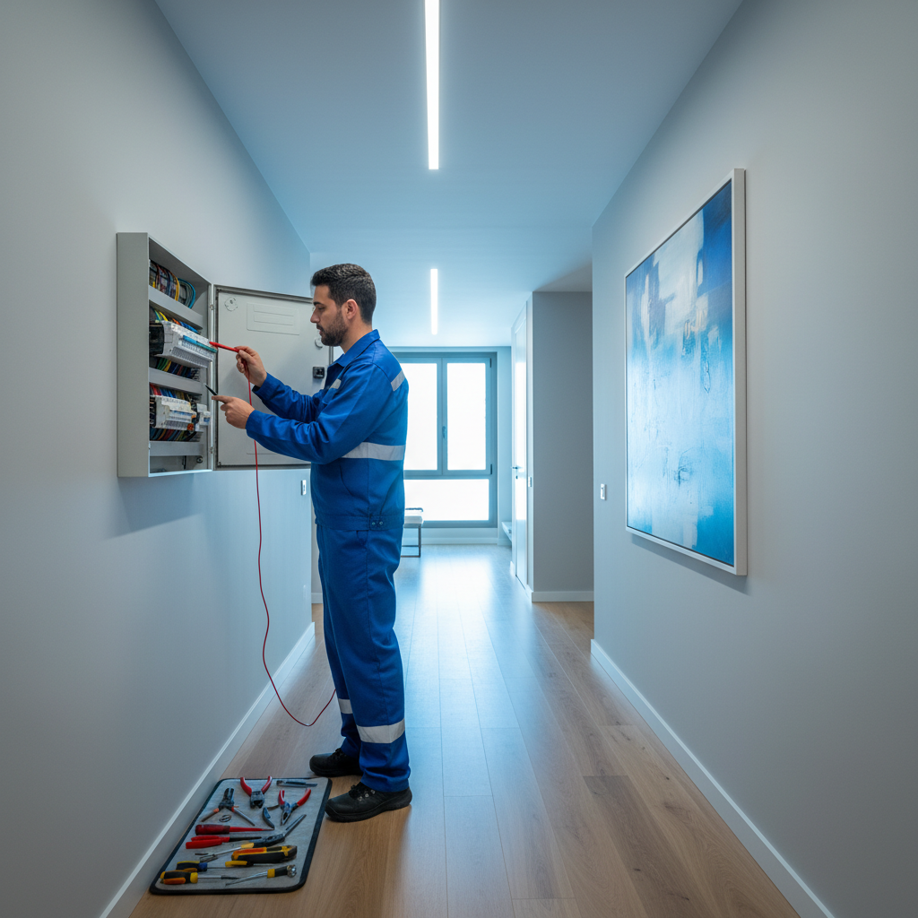 Electricista revisando un Interruptor General Automático en un cuadro eléctrico residencial en Chamberí
